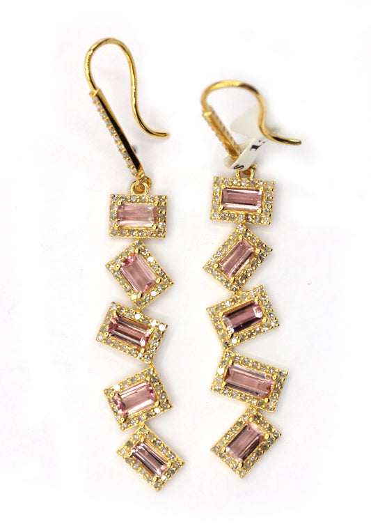 14k Solid Gold Diamond Earring With Pink Tourmaline Stone