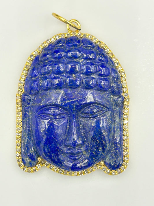 Beautiful labradorite Buddha pendant set in 14k gold and adorned with diamonds