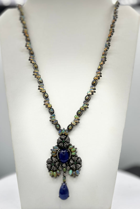 Tanzanite and Opal Long Necklace with Diamonds