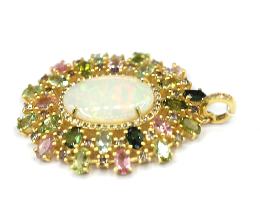 Ethiopian opal Silver Diamond Pendant