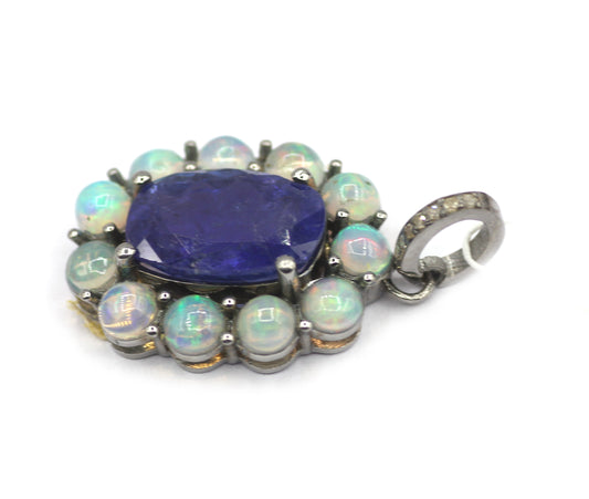 Tanzanite sterling silver Diamond pendant With Ethiopian Opal Stone
