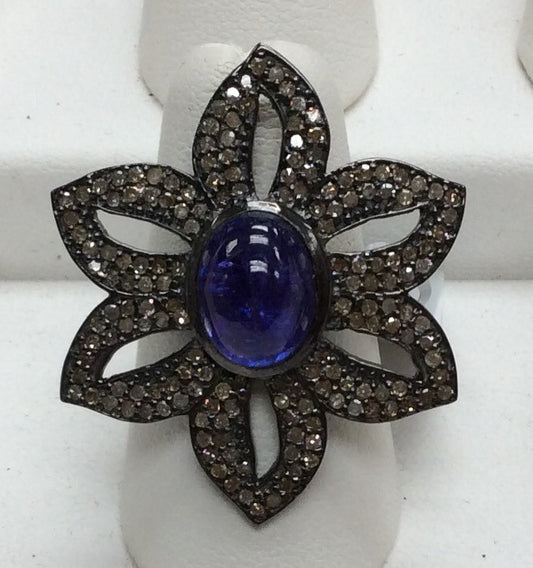 Flower Shape Pave Diamond Ring .925 Oxidized Sterling Silver Diamond Ring, Genuine handmade pave diamond Ring Size Approx 1.32"(28 x 33 MM)