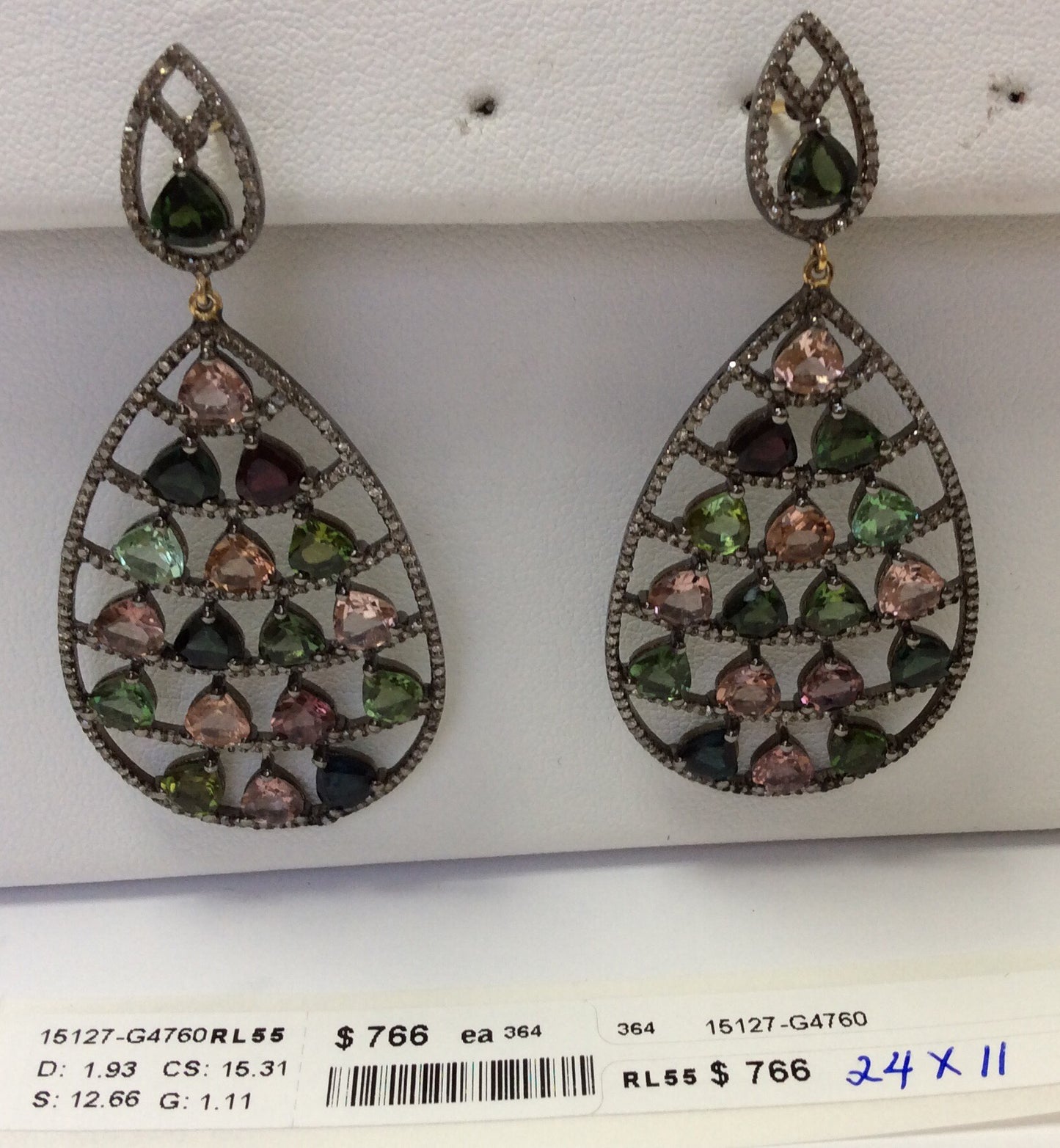 Diamond and Silver Multi Tourmaline Black Rhodium Finish Earrings