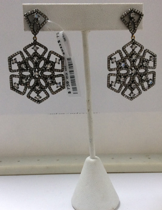 Diamond and White Rainbow Moon Stone Silver Earrings