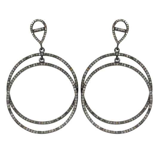 Round Diamond Silver Earring .925 Oxidized Sterling Silver Diamond Earring, Genuine handmade pave diamond Earring.