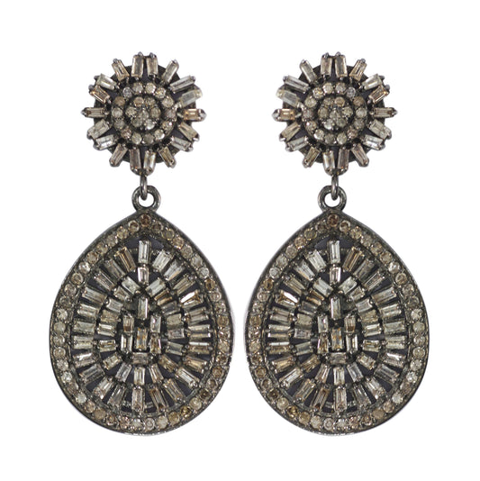 Pear shape Silver Diamond Earring .925 Oxidized Sterling Silver Diamond Earring, Genuine handmade pave diamond Earring.