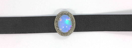 Oval Shape Leather Choker Necklaces With Pave Diamond. 925 Oxidized Sterling Silver Diamond necklaces, Genuine handmade pave diamond necklaces.