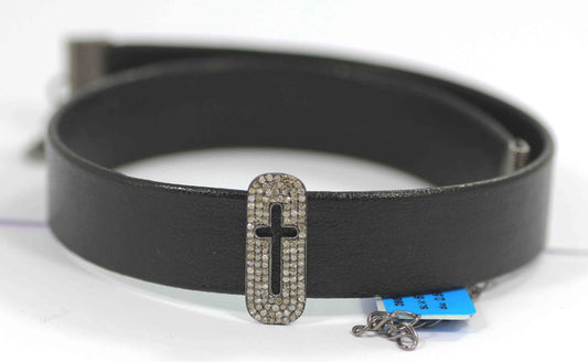 Cross Shape Leather Choker Necklaces With Pave Diamond. 925 Oxidized Sterling Silver Diamond necklaces, Genuine handmade pave diamond necklaces.