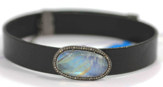 Leather Choker Necklaces With Pave Diamond. 925 Oxidized Sterling Silver Diamond necklaces, Genuine handmade pave diamond necklaces.