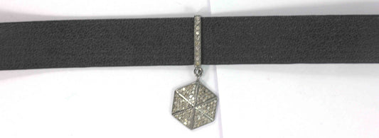 Leather Choker Necklaces With Pave Diamond. 925 Oxidized Sterling Silver Diamond necklaces, Genuine handmade pave diamond necklaces.