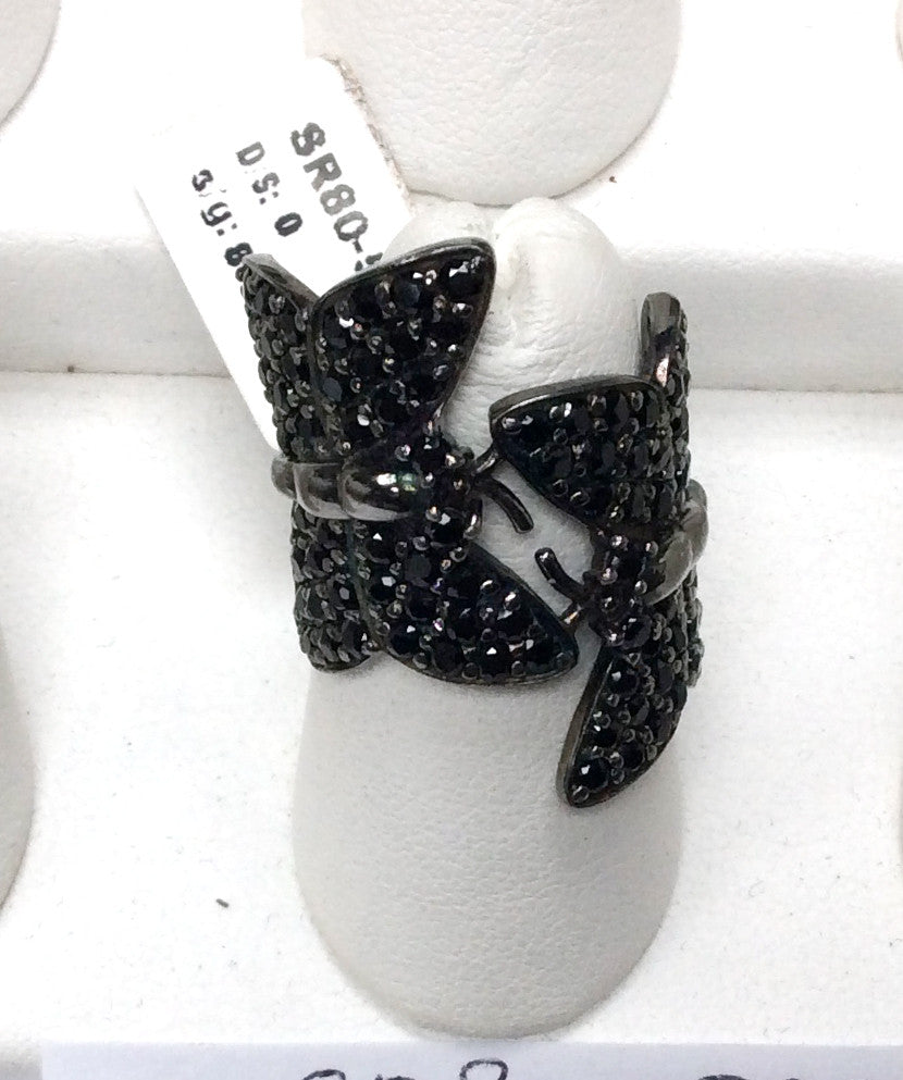Butterfly Black Spinal Ring .925 Oxidized Sterling Silver Black Spinal Ring, Genuine handmade pave Black Spinal Ring Size Approx(21x29 mm)