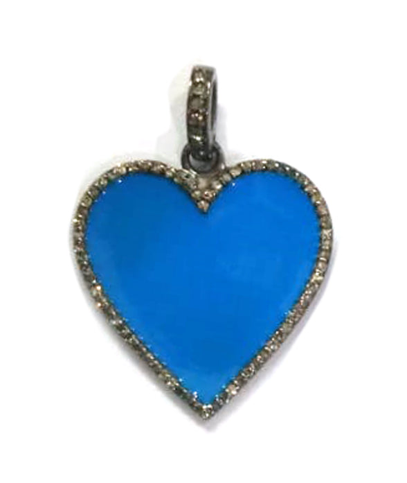 Enamel Heart Shape Diamond Pendant .925 Oxidized Sterling Silver Diamond Pendant, Genuine handmade pave diamond Charm Size 24 MM