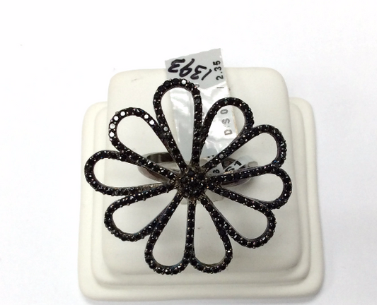 Flower Black Spinal Ring .925 Oxidized Sterling Silver Black Spinal Ring, Genuine handmade pave Black Spinal Ring Size Approx(36x34 mm)
