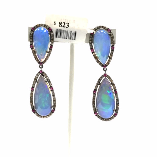 Tear Drop Shape Opal Smooth Cabochon and Diamond Earring