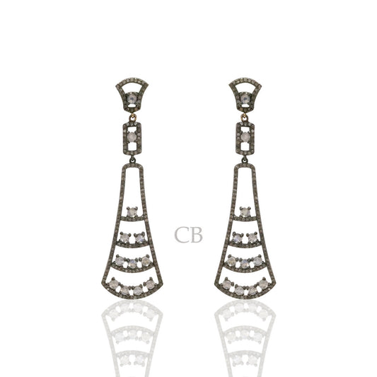Diamond and White Rainbow Moon Stone Silver Earrings