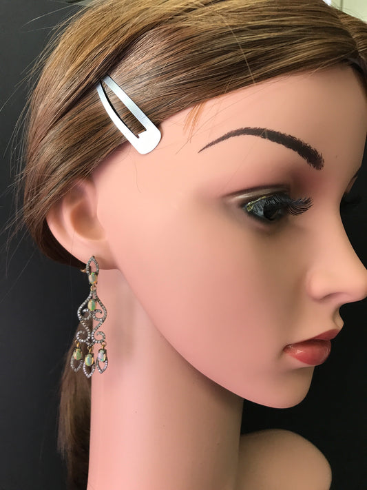 Diamond Art Deco Opal with Diamond Earring, Pave Diamond Earring, Pave Art Deco Earring, Appx 62 x 18mm. Sterling Silver
