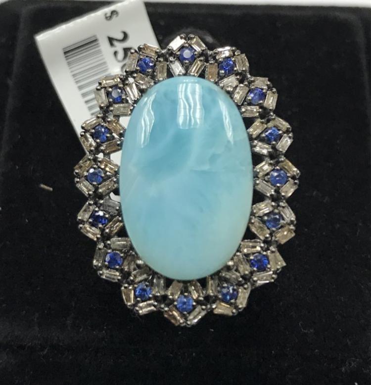 Larimar and Diamond and Blue Sapphire Designer Ring