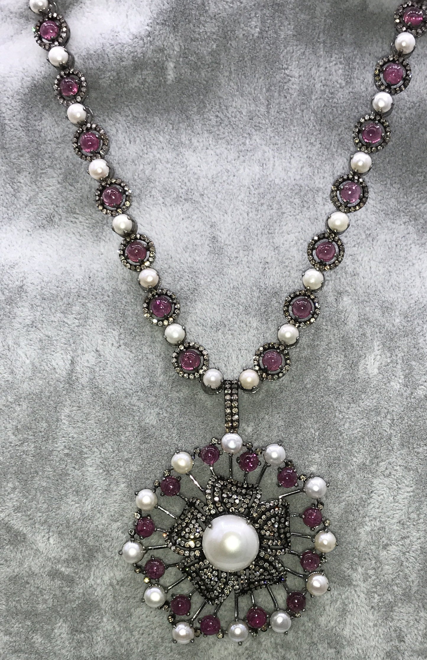 Pink Tourmaline and pearl designer pendant necklace with Diamonds
