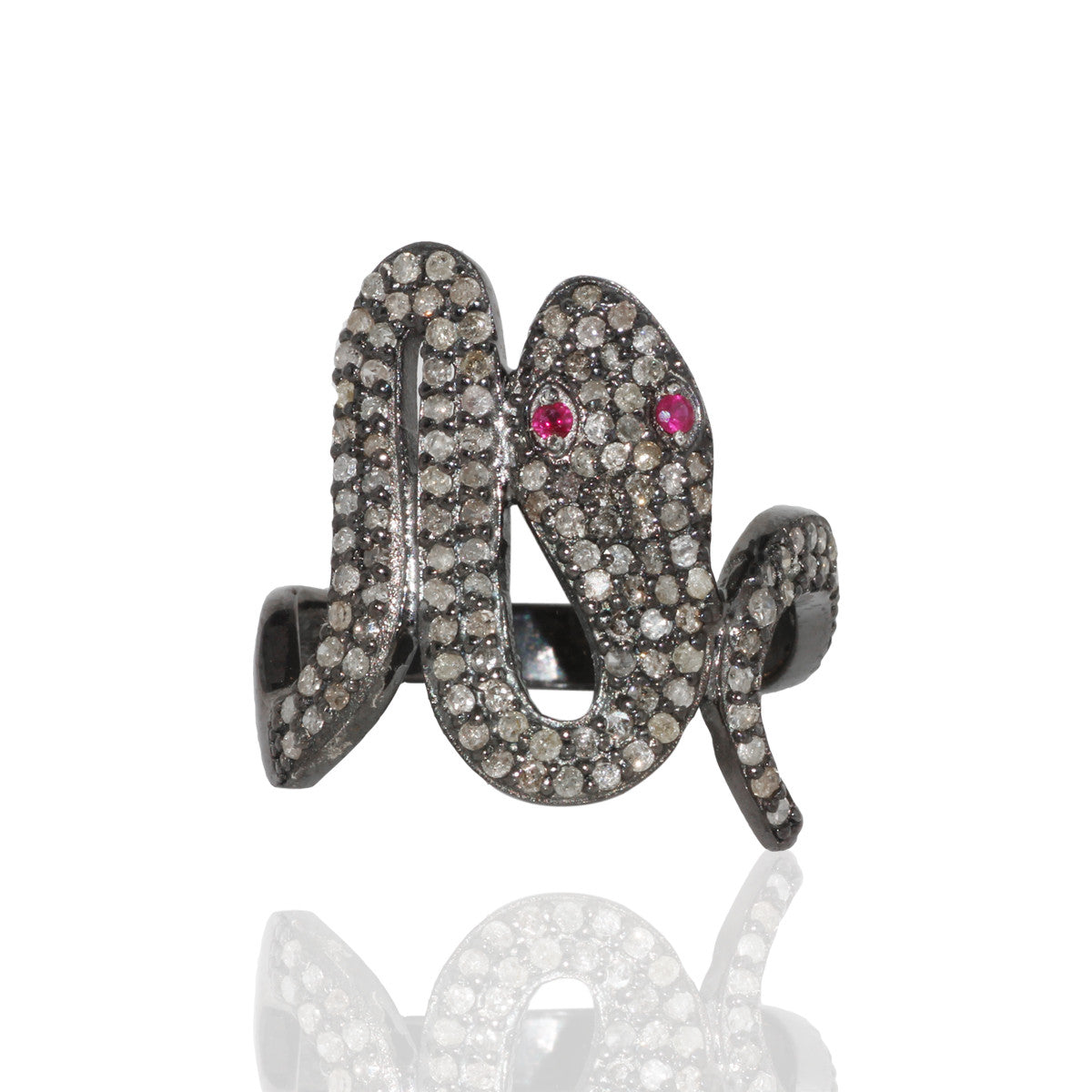 A sterling silver ring with a snake-like design, adorned with pave diamonds