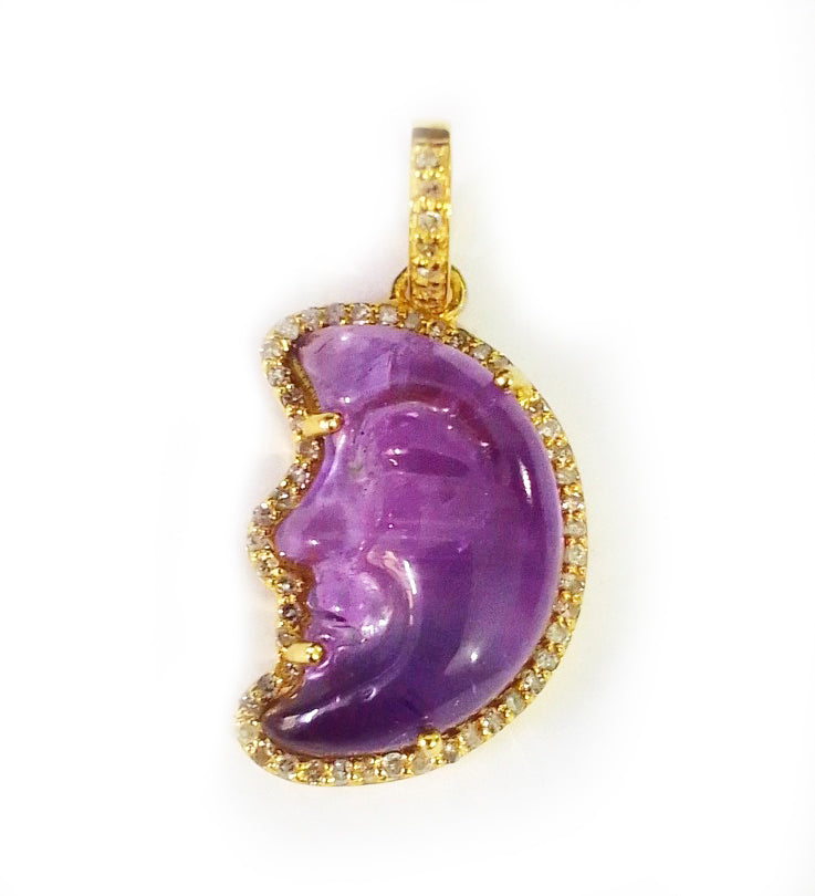 Moon-shaped sterling silver pendant with Amethyst centerpiece and diamond border