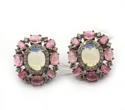 Opal & Tourmuline 925 silver Diamond Earring Stud