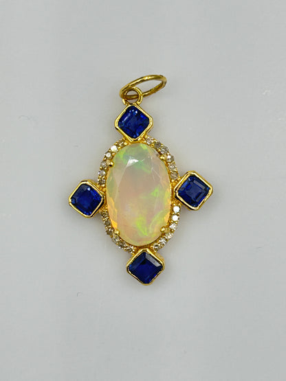 14k Solid Gold Diamond Pendants With Opal Stone