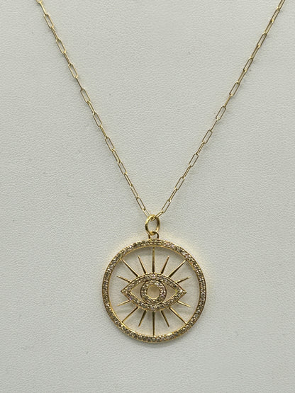 Round Evil eye 14k Solid Gold Diamond Necklace