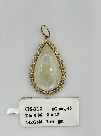 14k Solid Gold Diamond Pendants With Rainbow Moon Stone