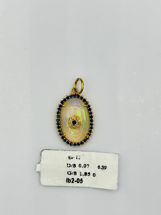 Oval 14k Solid Gold Diamond Pendants With Opal & Blue Sapphire