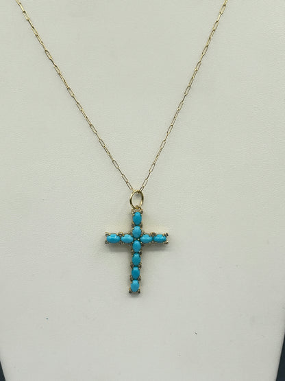 14K SOLID GOLD CROSS PENDANT WITH BLUE SAPPHIRE AND DIAMONDS