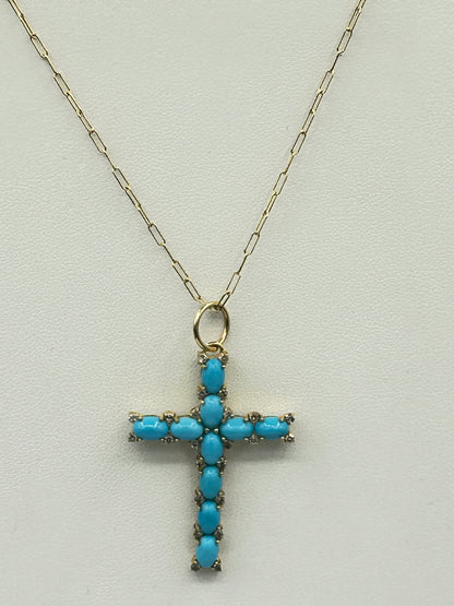 14K SOLID GOLD CROSS PENDANT WITH BLUE SAPPHIRE AND DIAMONDS