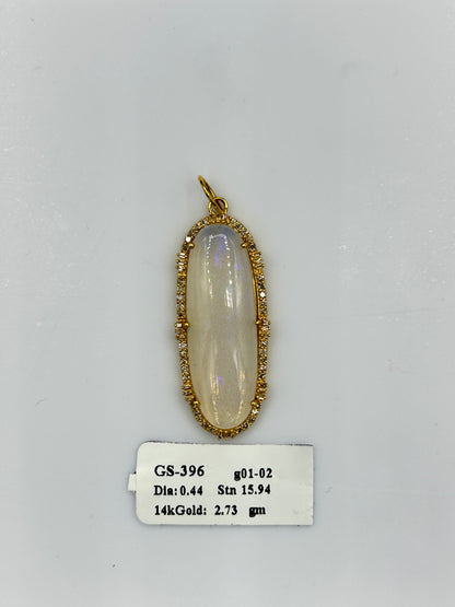 Oval 14k Solid Gold Diamond Pendants With Opal Stone