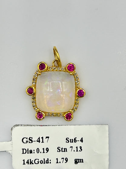 Square 14k Solid Gold Diamond Pendants With Opal Stone