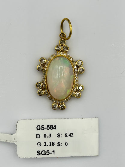 Oval 14k Solid Gold Diamond Pendants With Opal Stone