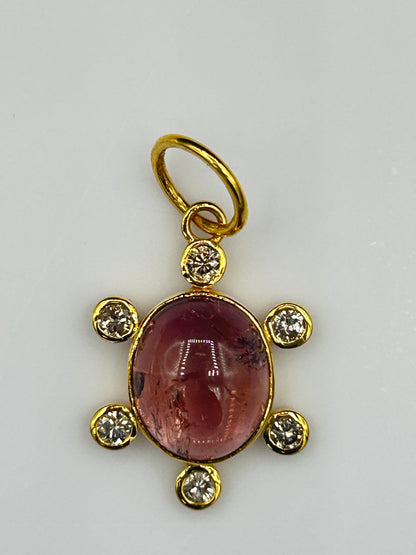 Oval 14k Solid Gold Diamond Pendants With Pink Tourmaline Stone