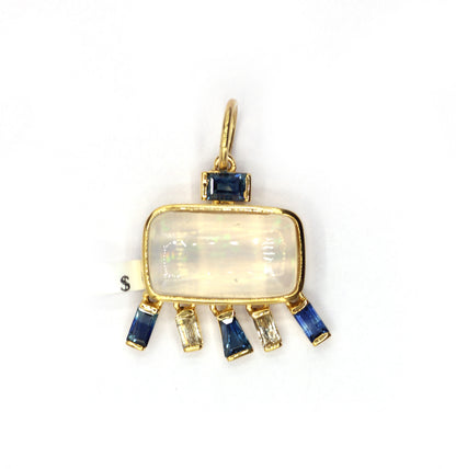 Rectangle 14k Solid Gold Diamond Pendants With Blue Sapphire