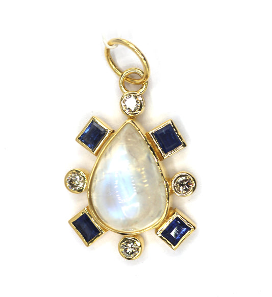 Rainbow Moonstone 14k Solid Gold Diamond Pendant