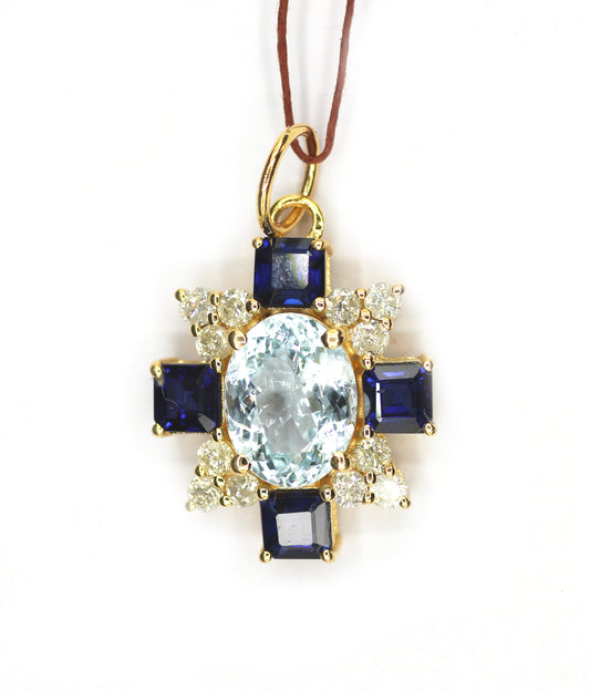 Aquamarine 14k Solid Gold Diamond Pendant