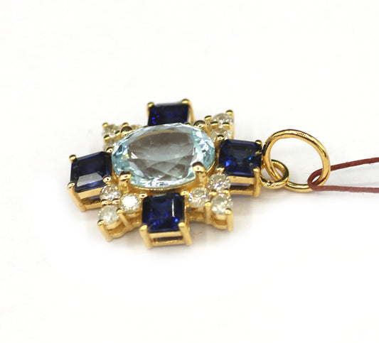 Aquamarine 14k Solid Gold Diamond Pendant