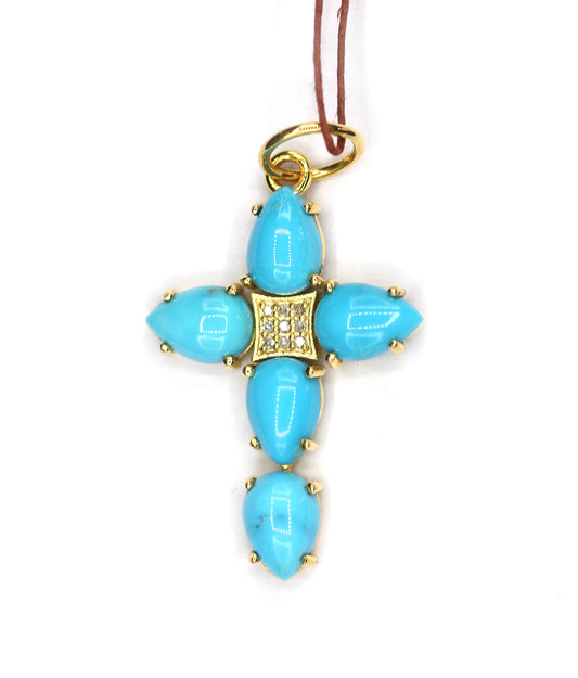 Cross Turquoise 14k Solid Gold Diamond Pendant