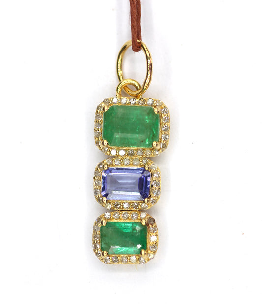 Tanzanite 14k Solid Gold Diamond Pendant With Emerald Stone