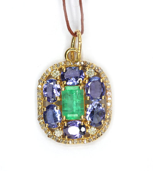 Tanzanite 14k Solid Gold Diamond Pendant With Emerald Stone