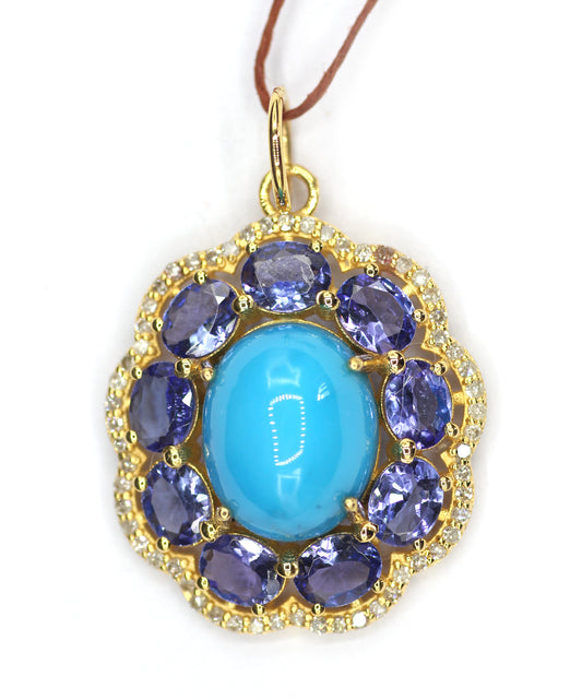 Tanzanite 14k Solid Gold Diamond Pendant With Turquoise Stone
