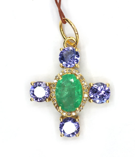 Emerald 14k Solid Gold Diamond Pendant With Tanzanite Stone