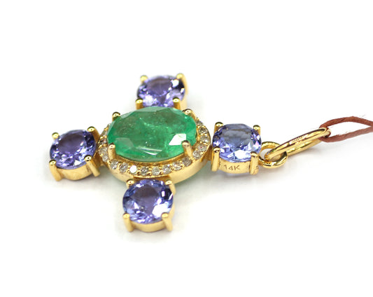 Emerald 14k Solid Gold Diamond Pendant With Tanzanite Stone