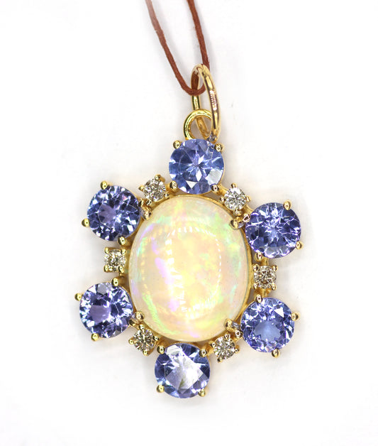Tanzanite 14k Solid Gold Diamond Pendant With Ethiopian opal Stone