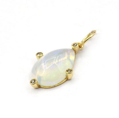 Pear 14k Solid Gold Diamond Pendants With Opal Stone