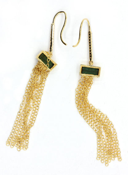 14K Gold Diamond Dangle Earrings With Green Tourmaline And Chain Tassels For Elegant Everyday Wear