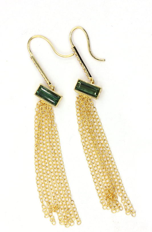 14K Gold Diamond Dangle Earrings With Green Tourmaline And Chain Tassels For Elegant Everyday Wear