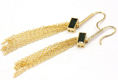 14K Gold Diamond Dangle Earrings With Green Tourmaline And Chain Tassels For Elegant Everyday Wear